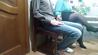 Hot milf in pantyhose milking my cock in public